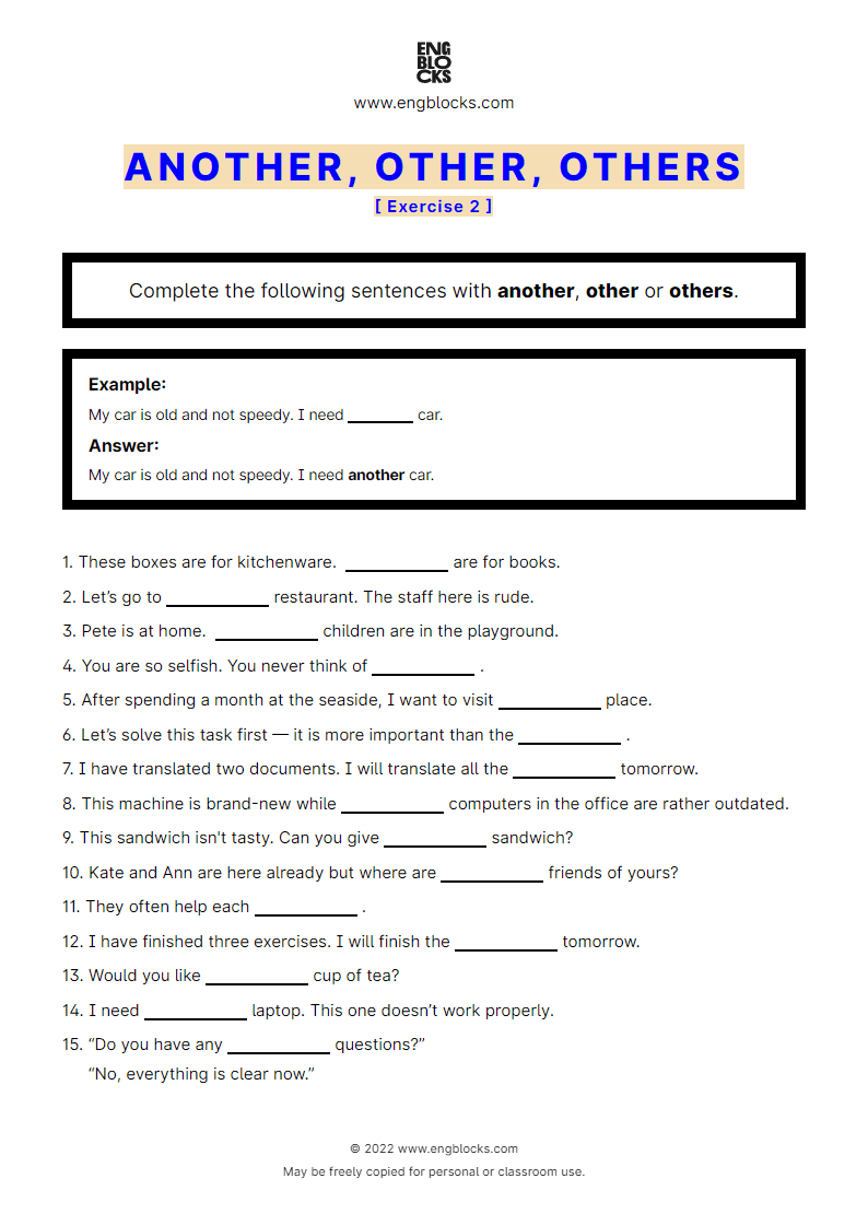 Grammar Worksheet: Another, other, others — Exercise 2