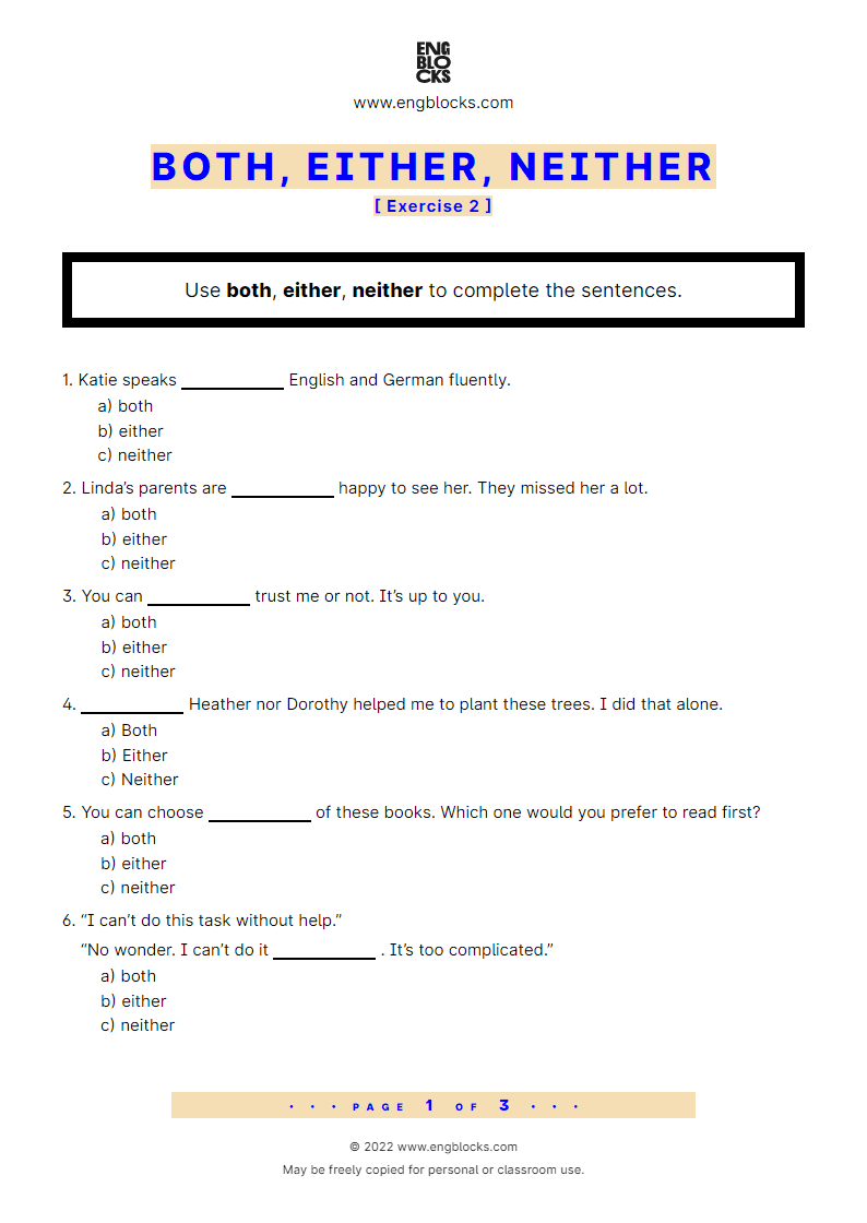 Grammar Worksheet: Both, Either, Neither — Exercise 2