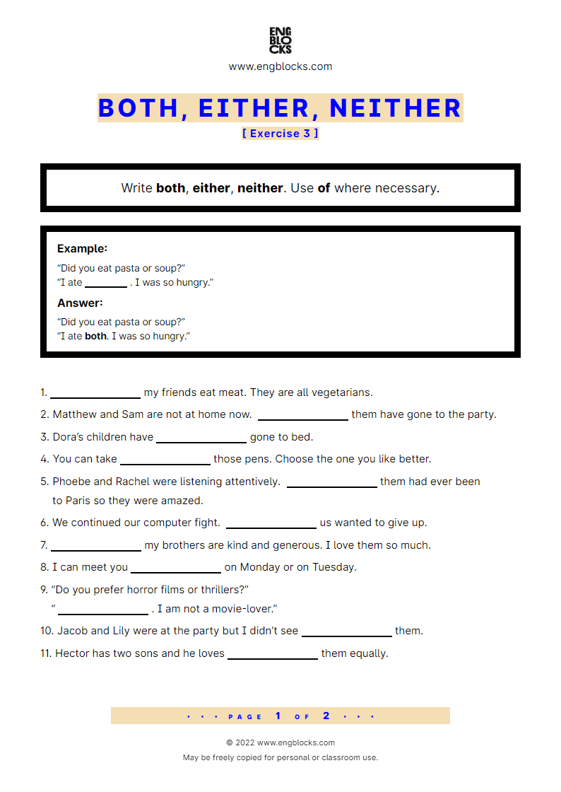 Grammar Worksheet: Both, Either, Neither — Exercise 3