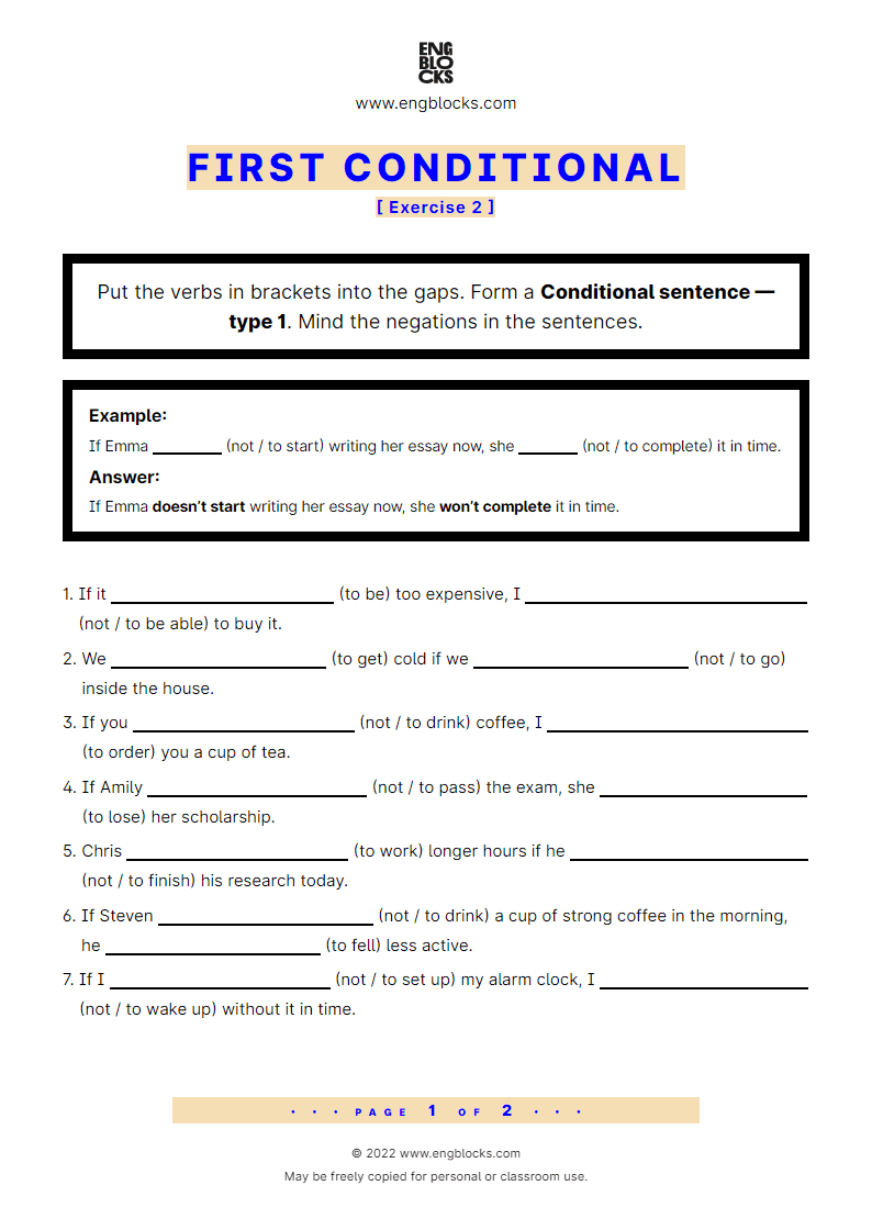 Grammar Worksheet: Conditional sentences — Type 1 — Negative