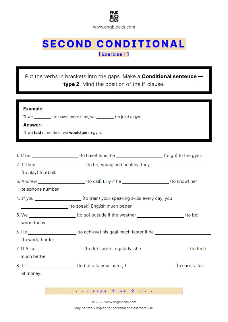 Grammar Worksheet: Conditional sentences — Type 2 — Positive — Exercise 1
