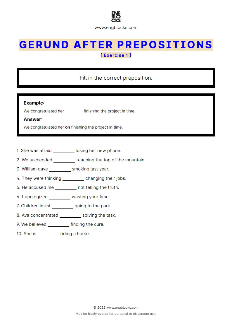 Grammar Worksheet: Gerund after prepositions — Exercise 1