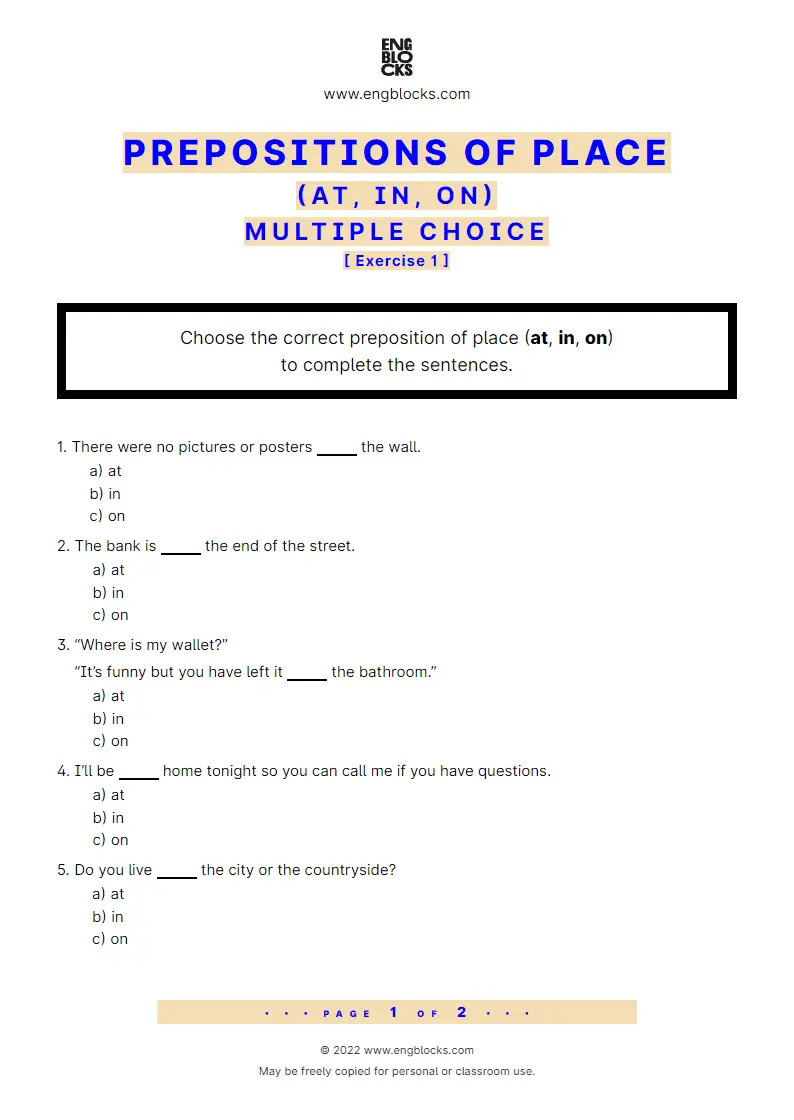 Grammar Worksheet: Prepositions of place: at, in, on — Multiple choice — Exercise 1