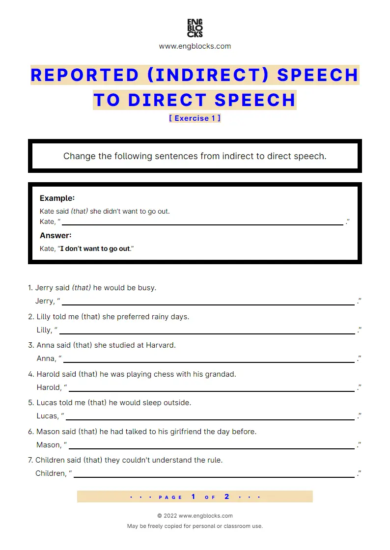 Grammar Worksheet: Reported (indirect) speech to Direct Speech — Exercise 1