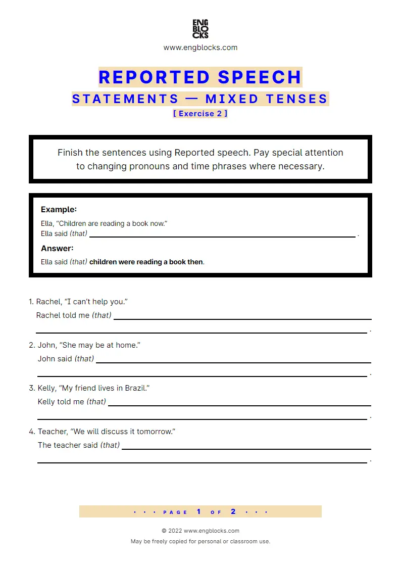 Grammar Worksheet: Reported statements — mixed tenses — Exercise 2