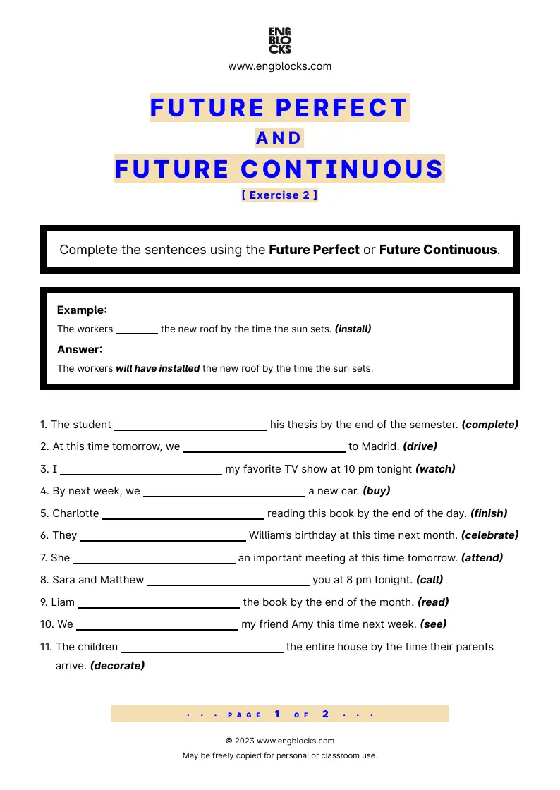 Grammar Worksheet: Future Perfect and Future Continuous — Exercise 2
