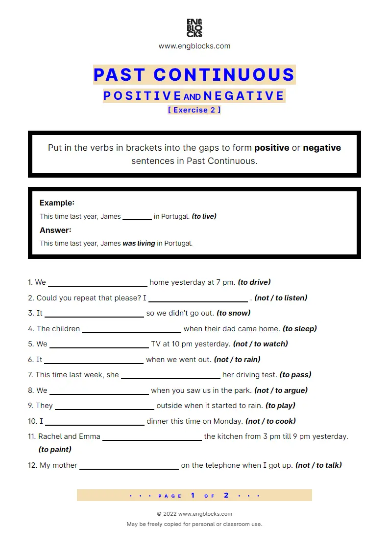 Grammar Worksheet: Past Continuous — Positive and Negative — Exercise 2