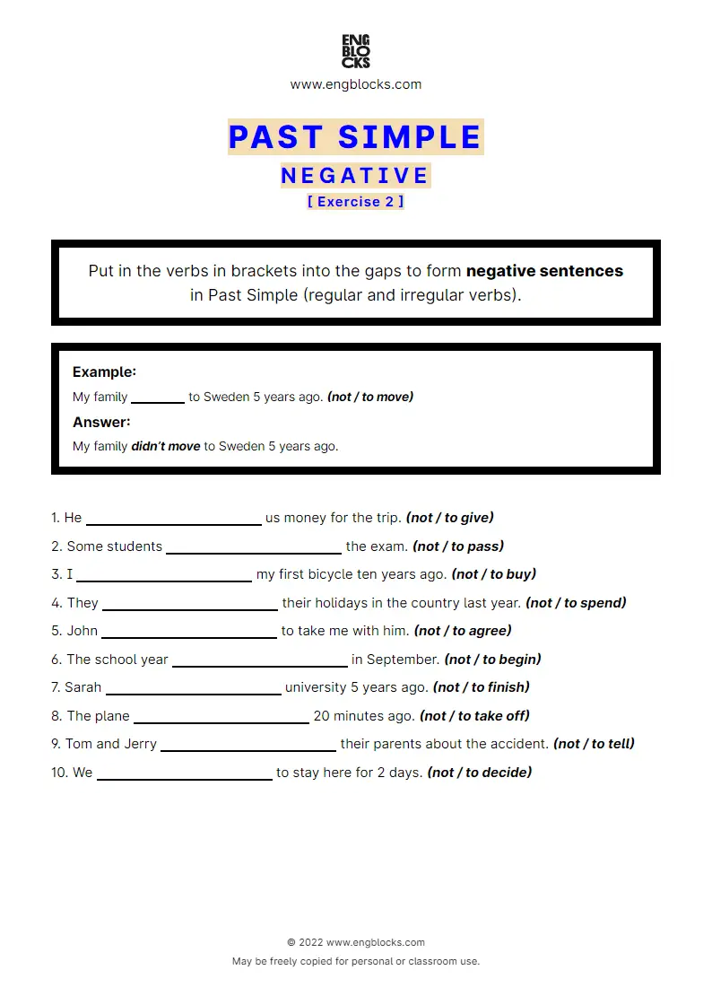 Grammar Worksheet: Past Simple — Negative — regular and irregular verbs — Exercise 2