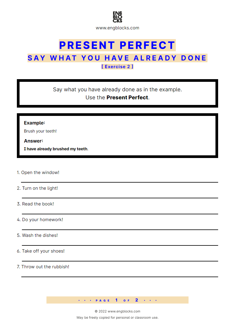 Grammar Worksheet: Present Perfect — Positive — Say what you have already done — Exercise 2