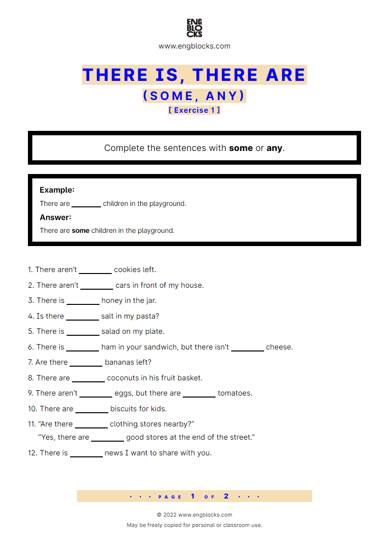 Grammar Worksheet: There is, There are + some, any — Exercise 1