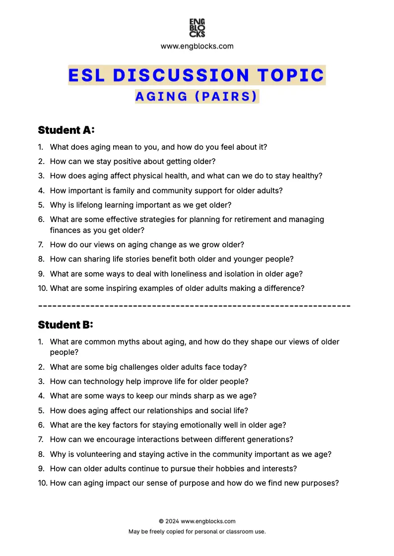 ESL discussion topic worksheet on aging for speaking practice in the ESL classroom (pair work format)