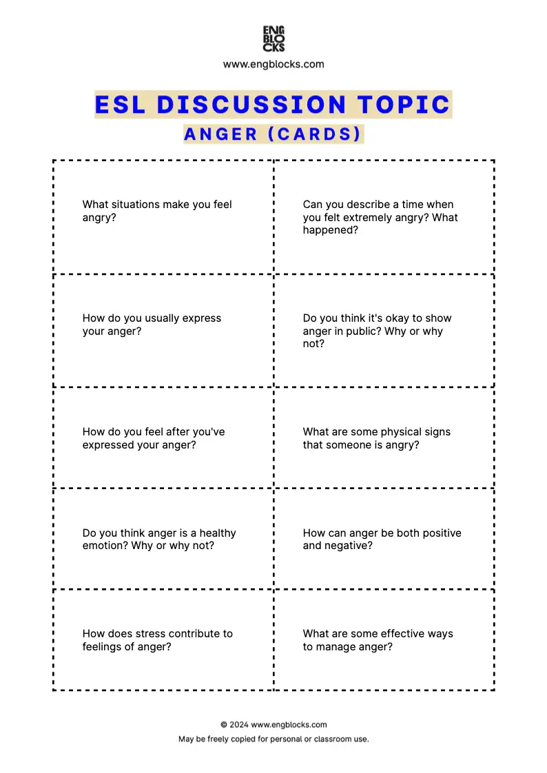 ESL Discussion Topic Worksheet about Anger for speaking practice in the ESL Classroom (cards format)