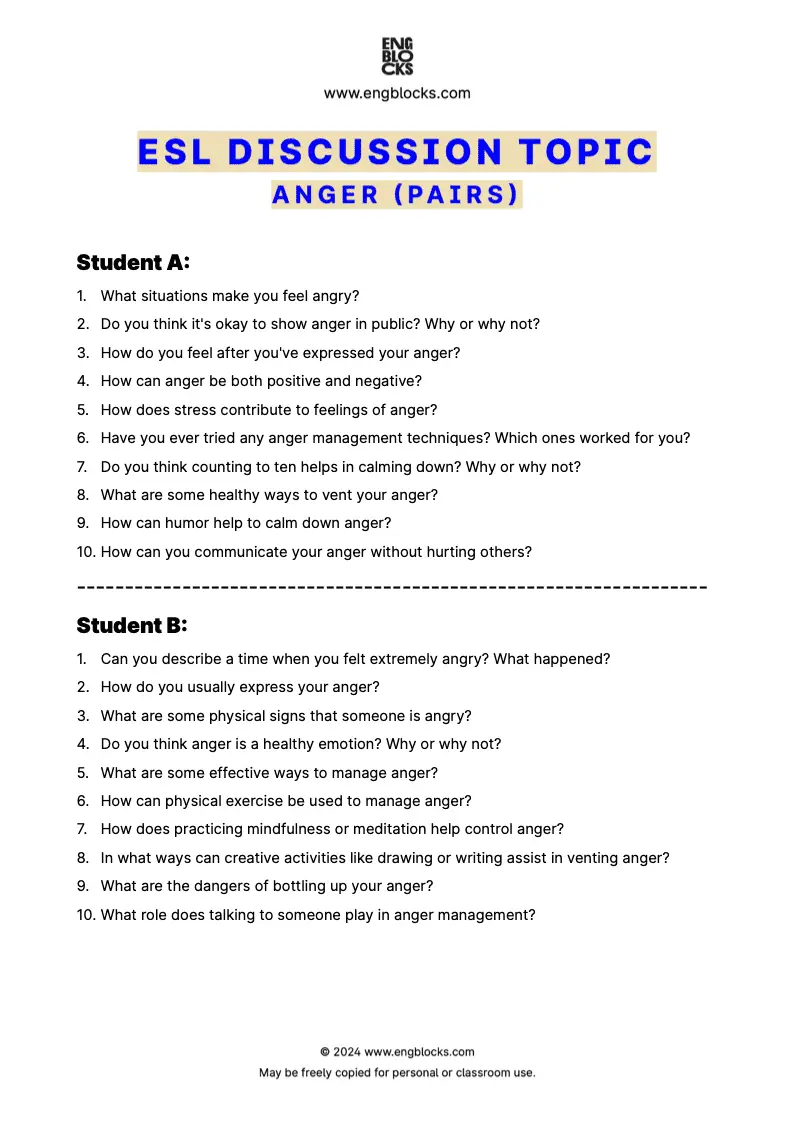 ESL Discussion Topic Worksheet about Anger for speaking practice in the ESL Classroom (pair work format)