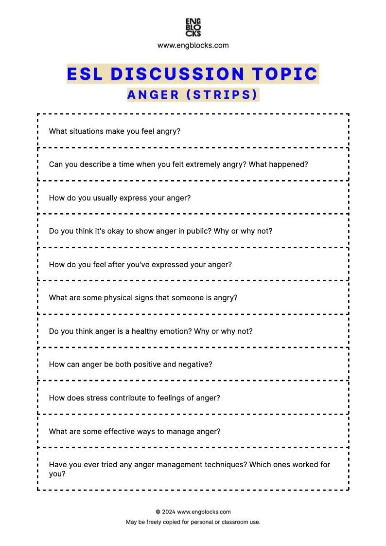 ESL Discussion Topic Worksheet about Anger for speaking practice in the ESL Classroom (strips format)