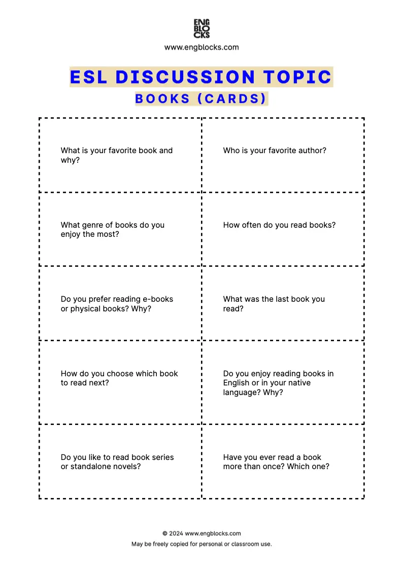 ESL Discussion Topic Worksheet about Books for speaking practice in the ESL Classroom (cards format)