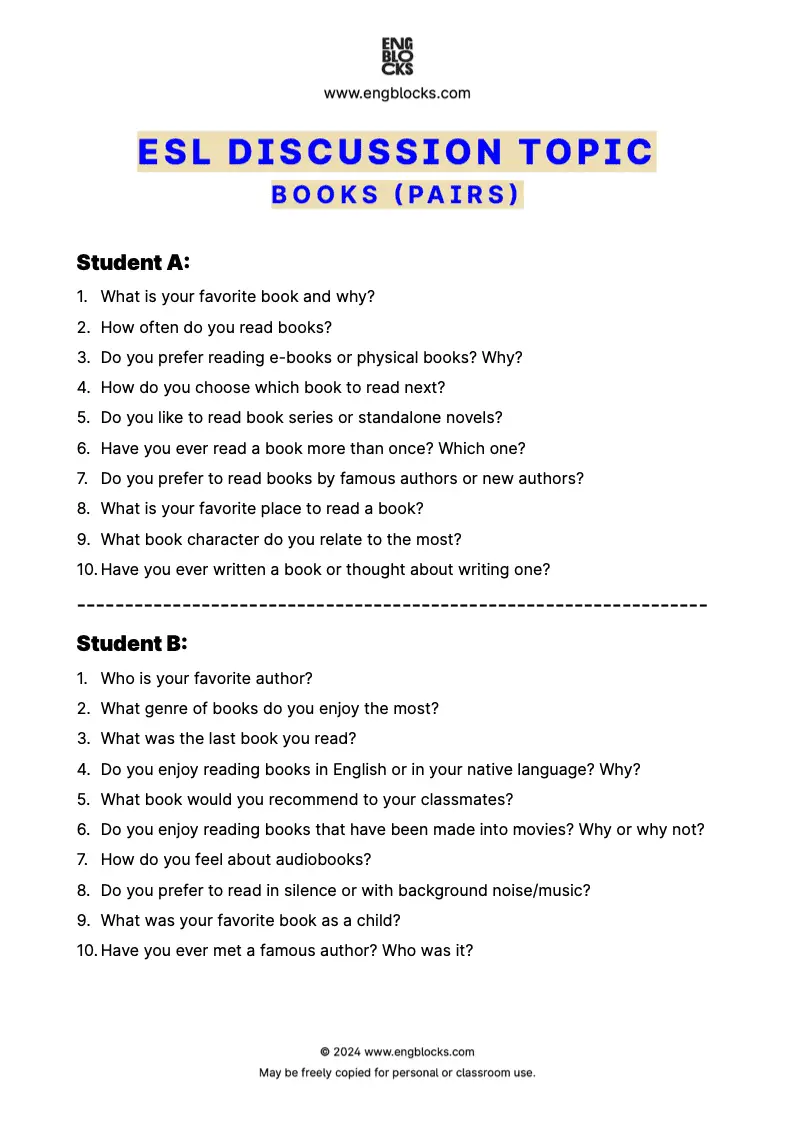 ESL Discussion Topic Worksheet about Books for speaking practice in the ESL Classroom (pair work format)
