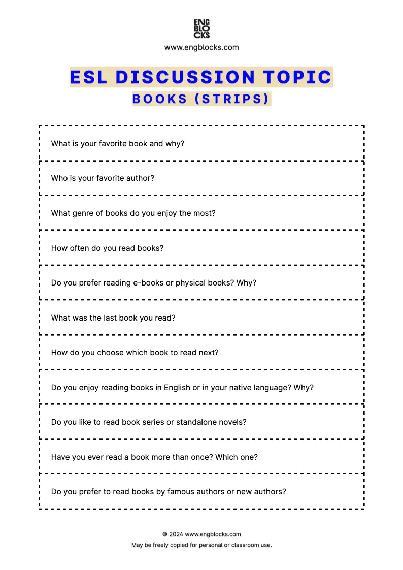ESL Discussion Topic Worksheet about Books for speaking practice in the ESL Classroom (strips format)