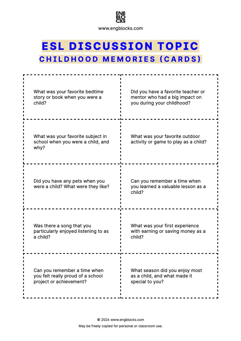 ESL Discussion Topic Worksheet about Childhood memories for speaking practice in the ESL Classroom (cards format)