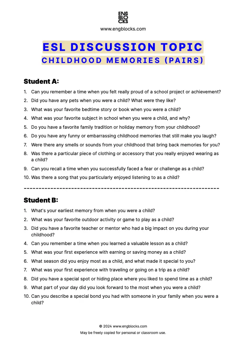ESL Discussion Topic Worksheet about Childhood memories for speaking practice in the ESL Classroom (pair work format)