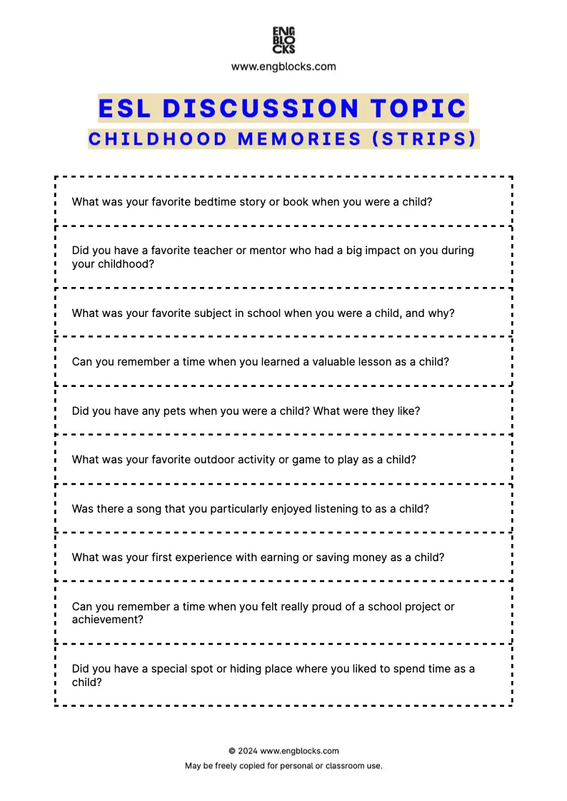 ESL Discussion Topic Worksheet about Childhood memories for speaking practice in the ESL Classroom (strips format)