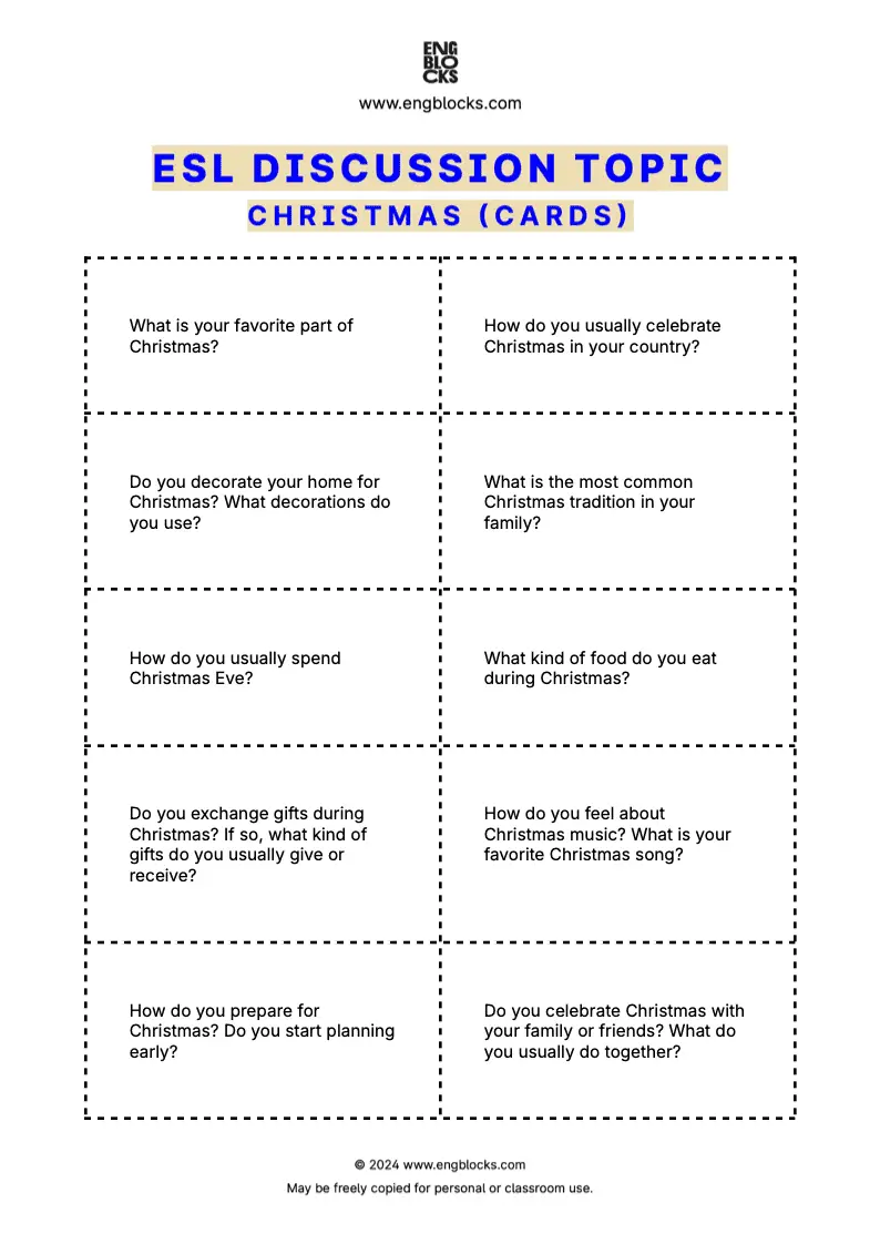 ESL discussion topic worksheet to talk about Christmas (cards format)