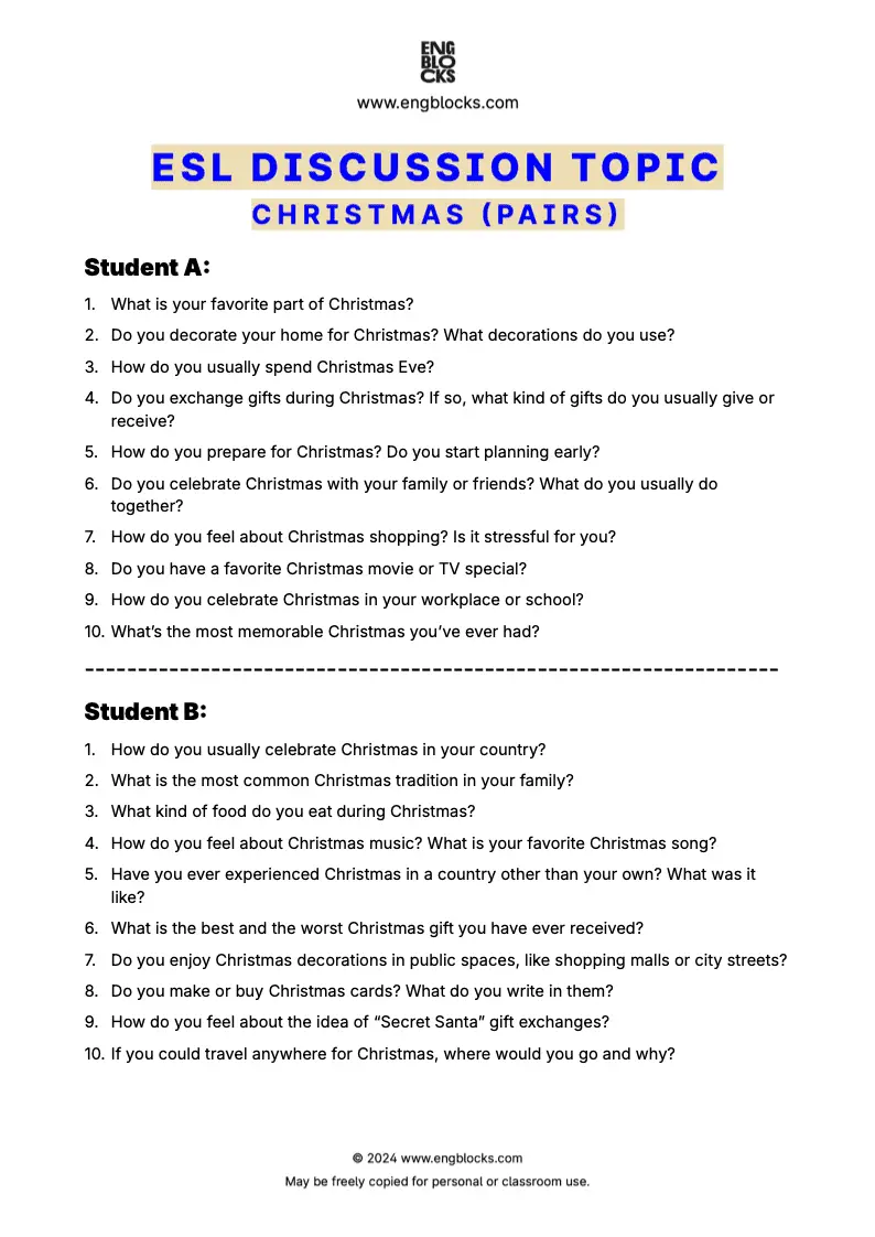 ESL discussion topic worksheet to talk about Christmas (pair work format)
