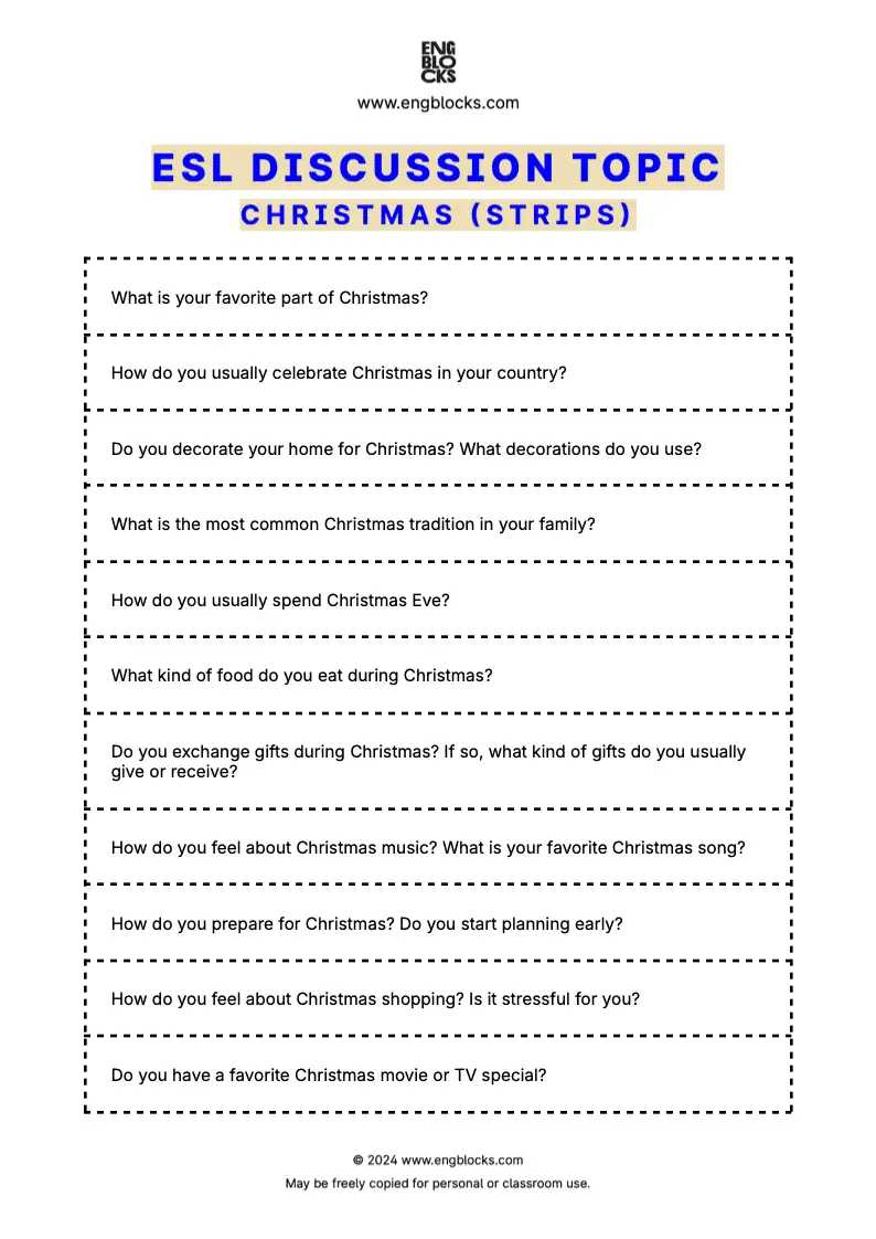 ESL discussion topic worksheet to talk about Christmas (strips format)