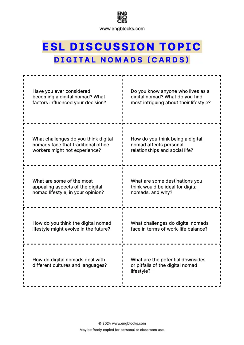 ESL Discussion Topic Worksheet about Digital nomads for speaking practice in the ESL Classroom (cards format)