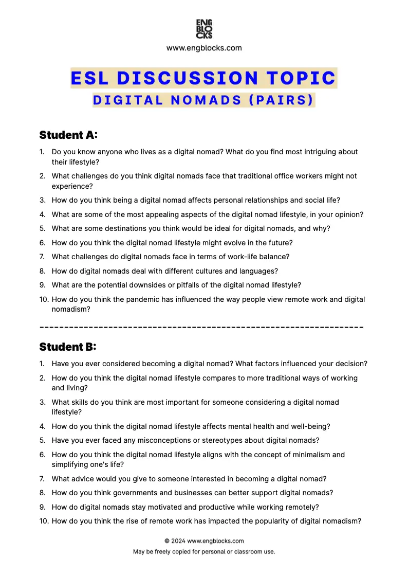 ESL Discussion Topic Worksheet about Digital nomads for speaking practice in the ESL Classroom (pair work format)