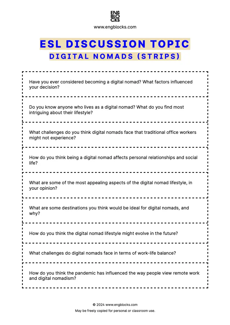 ESL Discussion Topic Worksheet about Digital nomads for speaking practice in the ESL Classroom (strips format)