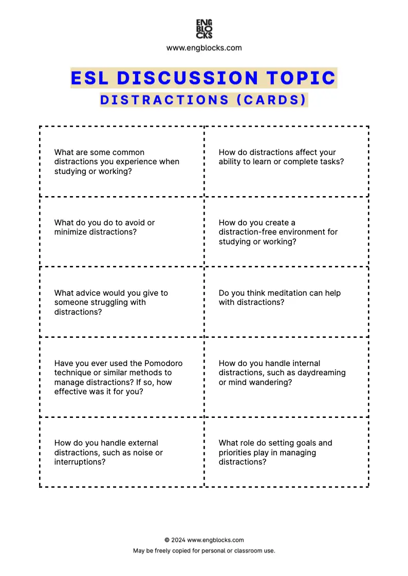 ESL Discussion Topic Worksheet about Distractions for speaking practice in the ESL Classroom (cards format)