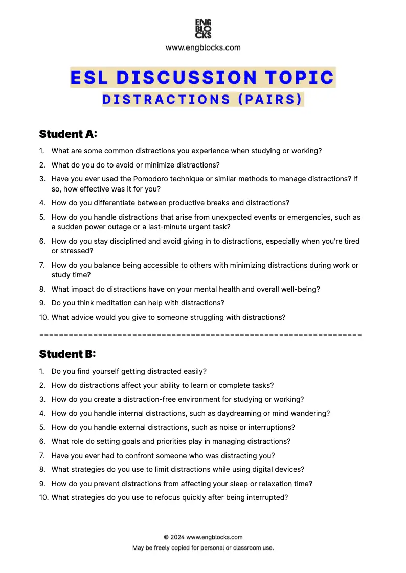 ESL Discussion Topic Worksheet about Distractions for speaking practice in the ESL Classroom (pair work format)