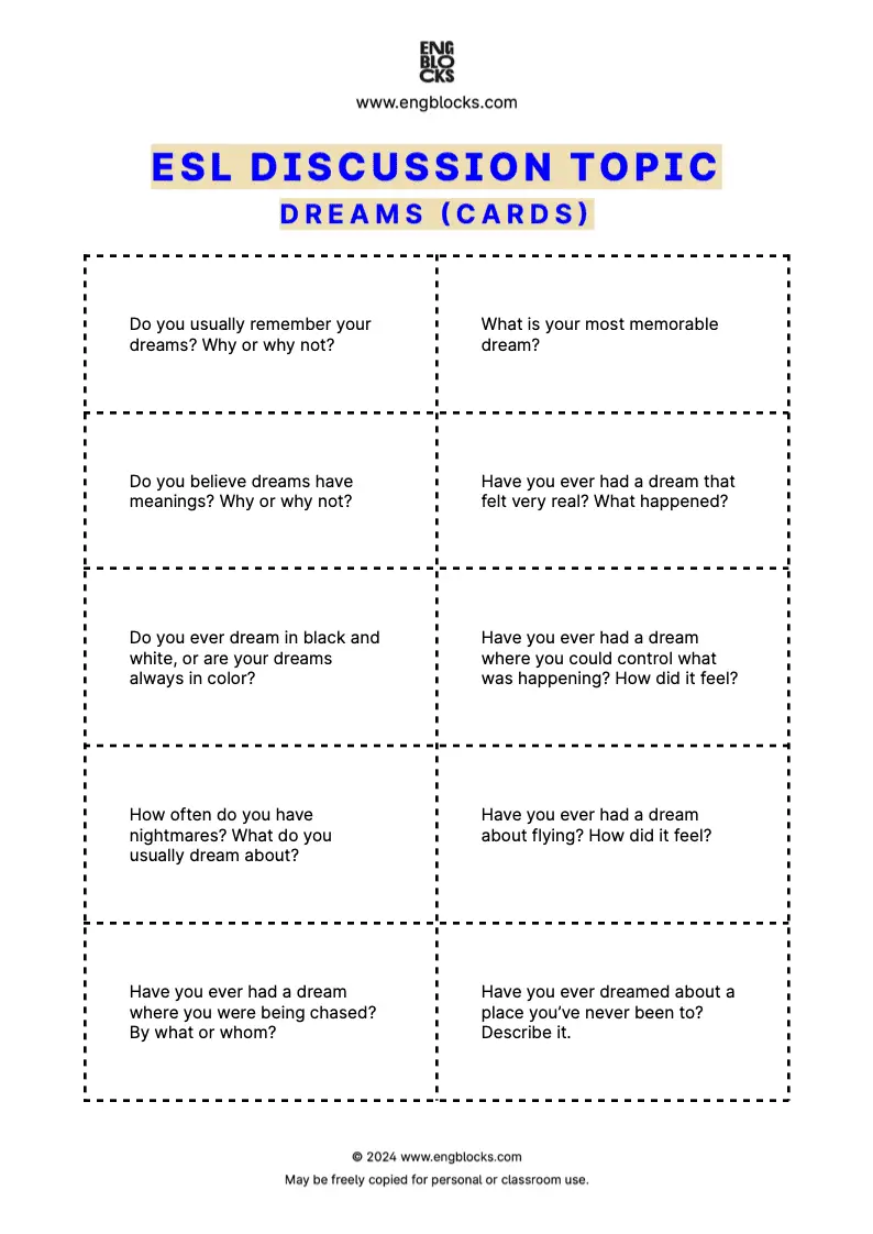 ESL Discussion Topic Worksheet about Dreams for speaking practice in the ESL Classroom (cards format)