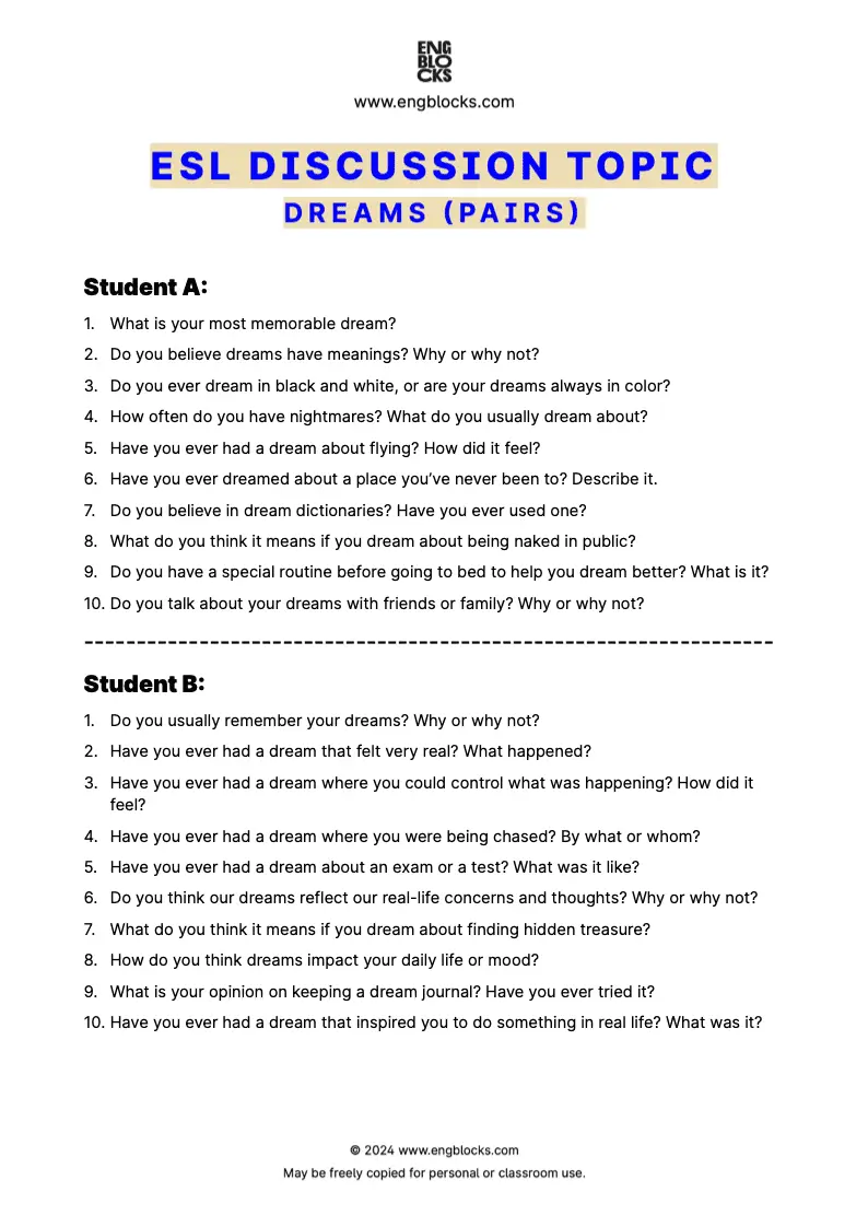 ESL Discussion Topic Worksheet about Dreams for speaking practice in the ESL Classroom (pair work format)