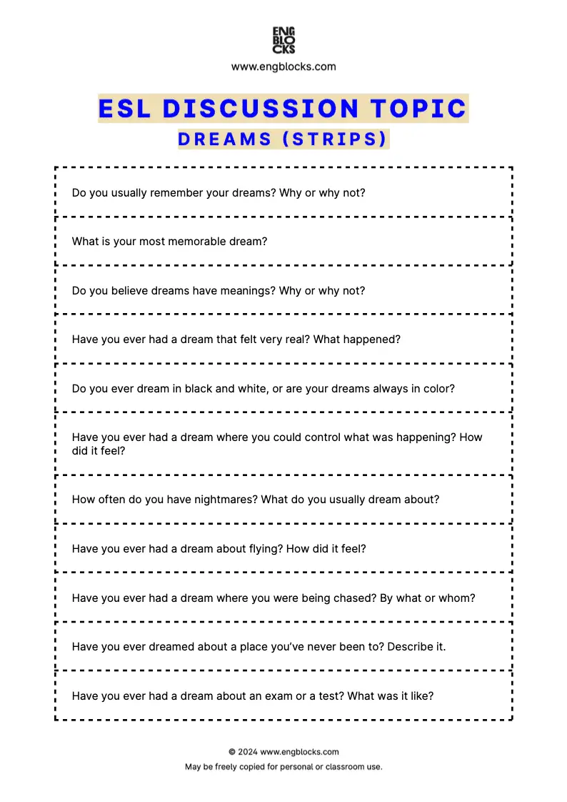 ESL Discussion Topic Worksheet about Dreams for speaking practice in the ESL Classroom (strips format)
