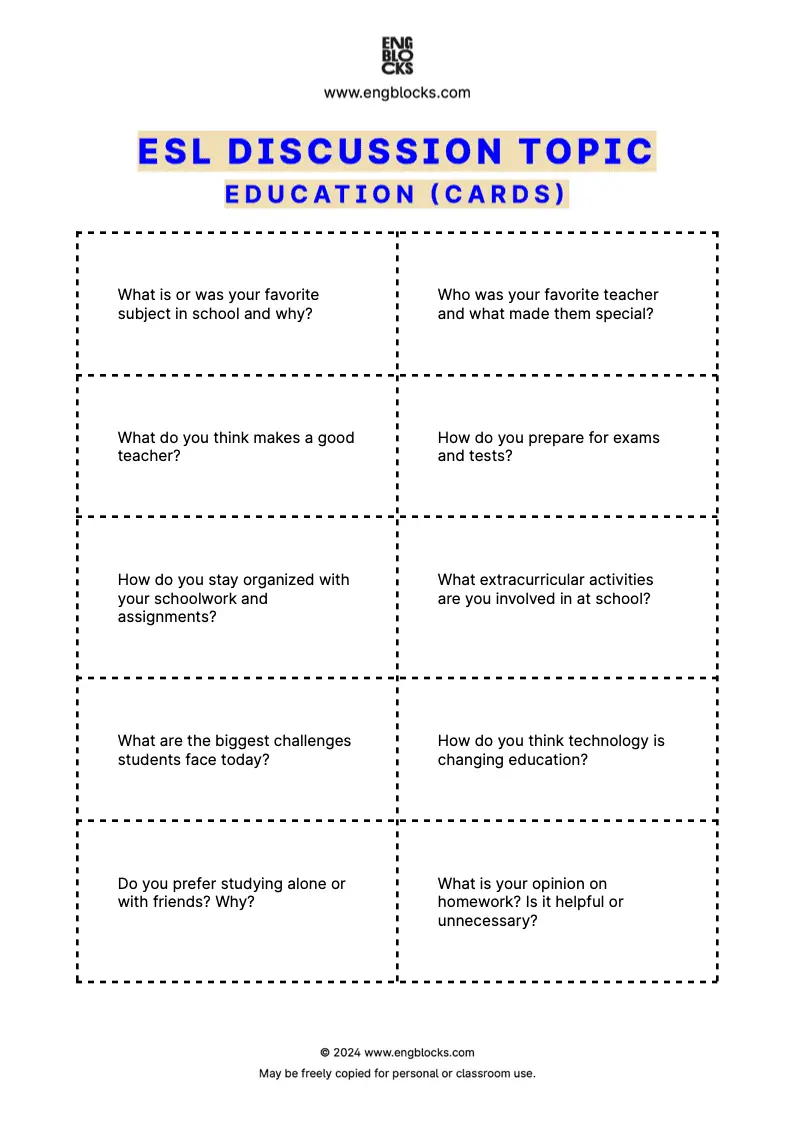 ESL Discussion Topic Worksheet about Education for speaking practice in the ESL Classroom (cards format)