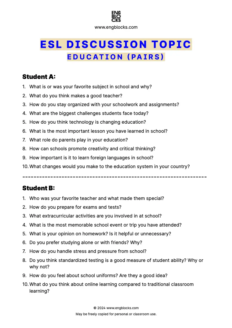 ESL Discussion Topic Worksheet about Education for speaking practice in the ESL Classroom (pair work format)