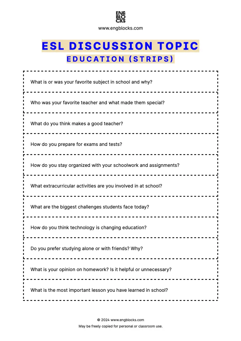 ESL Discussion Topic Worksheet about Education for speaking practice in the ESL Classroom (strips format)