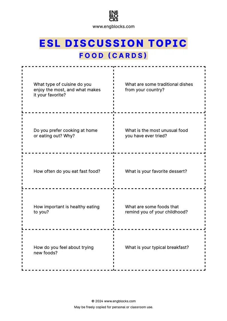 ESL Discussion Topic Worksheet about Food for speaking practice in the ESL Classroom (cards format)