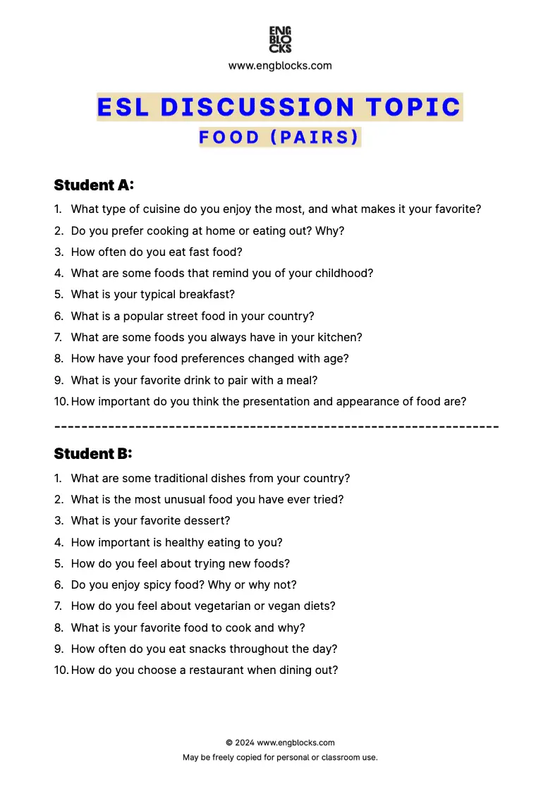 ESL Discussion Topic Worksheet about Food for speaking practice in the ESL Classroom (pair work format)