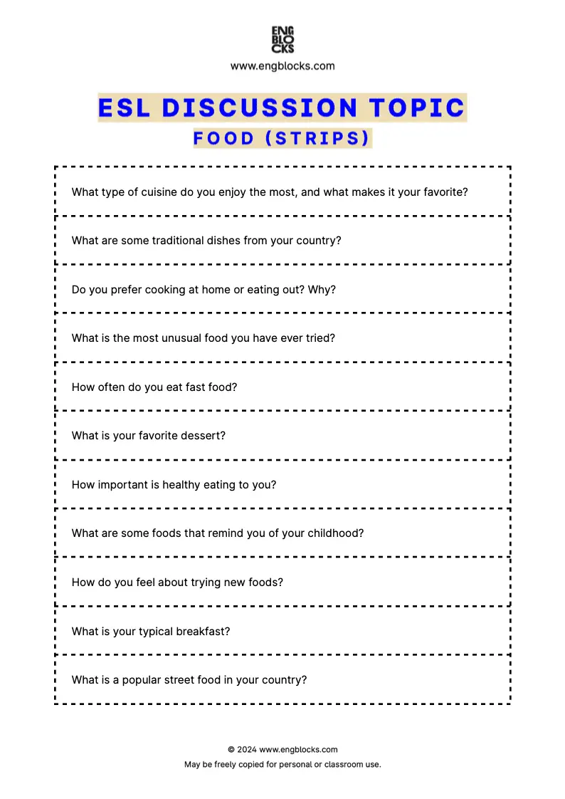 ESL Discussion Topic Worksheet about Food for speaking practice in the ESL Classroom (strips format)