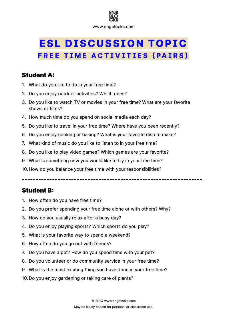 ESL Discussion Topic Worksheet about Free Time Activities for speaking practice in the ESL Classroom (pair work format)