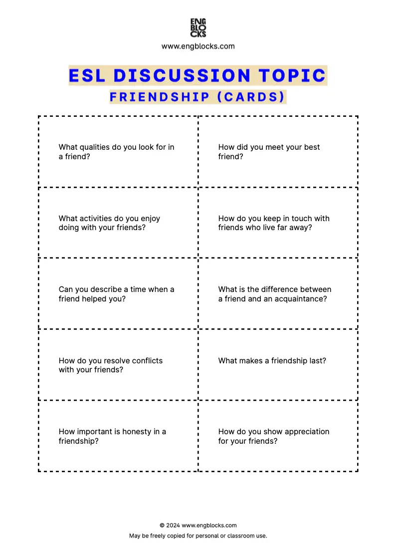ESL Discussion Topic Worksheet about Friendship for speaking practice in the ESL Classroom (cards format)