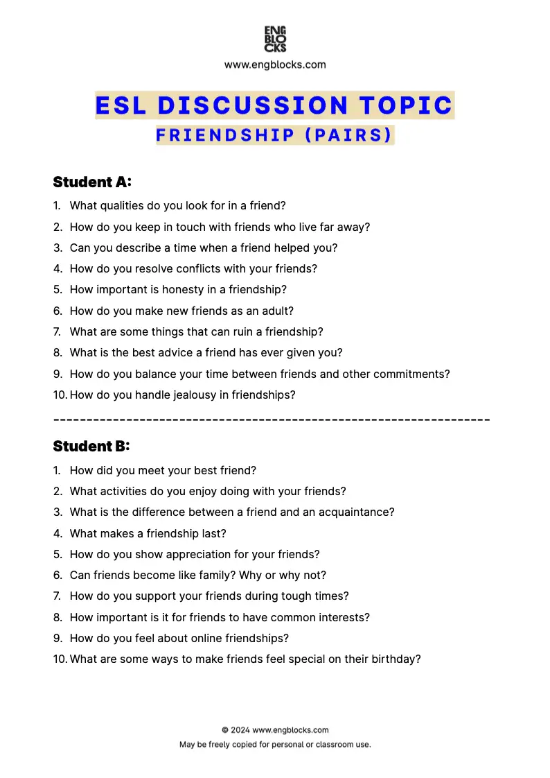 ESL Discussion Topic Worksheet about Friendship for speaking practice in the ESL Classroom (pair work format)