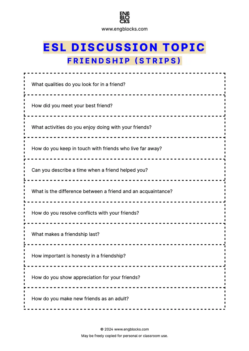 ESL Discussion Topic Worksheet about Friendship for speaking practice in the ESL Classroom (strips format)