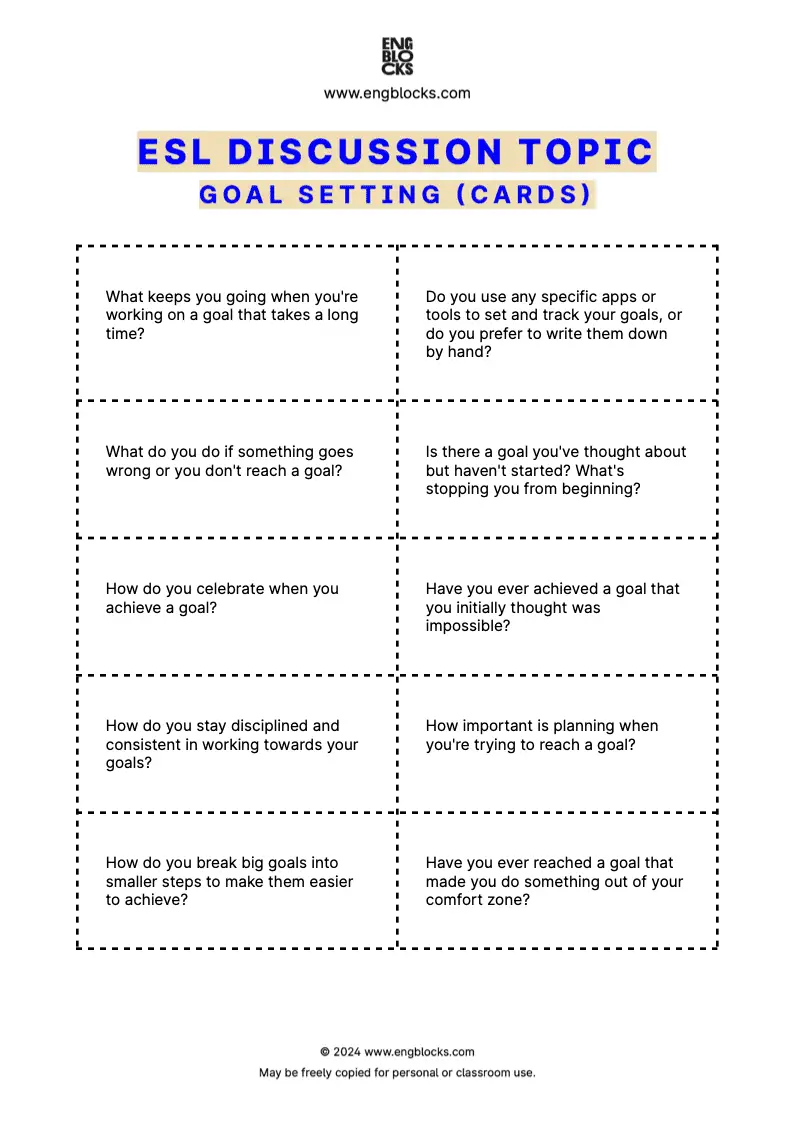 ESL Discussion Topic Worksheet about Goal Setting for speaking practice in the ESL Classroom (cards format)