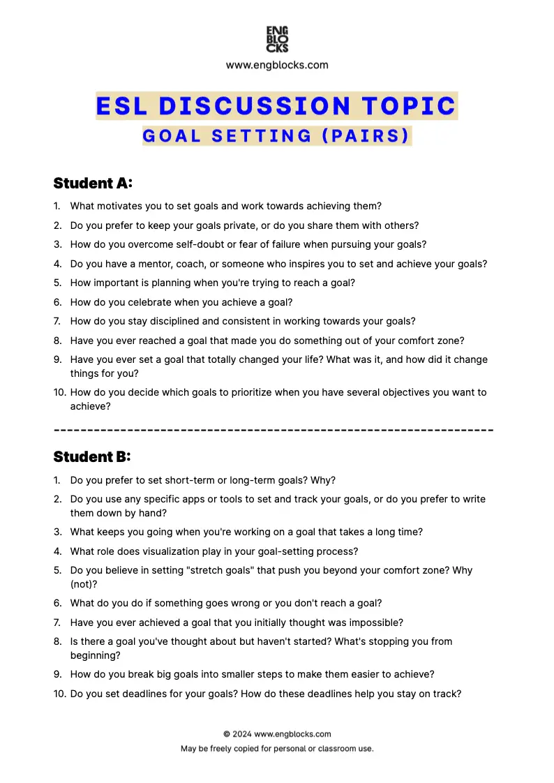 ESL Discussion Topic Worksheet about Goal Setting for speaking practice in the ESL Classroom (pair work format)