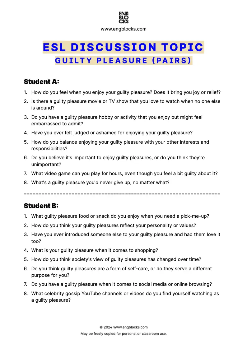 ESL Discussion Topic Worksheet about Guilty Pleasure for speaking practice in the ESL Classroom (pair work format)