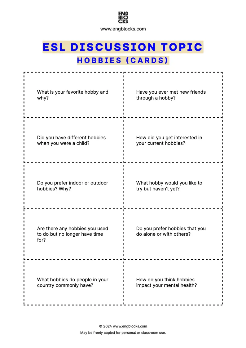 ESL Discussion Topic Worksheet about Hobbies for speaking practice in the ESL Classroom (cards format)