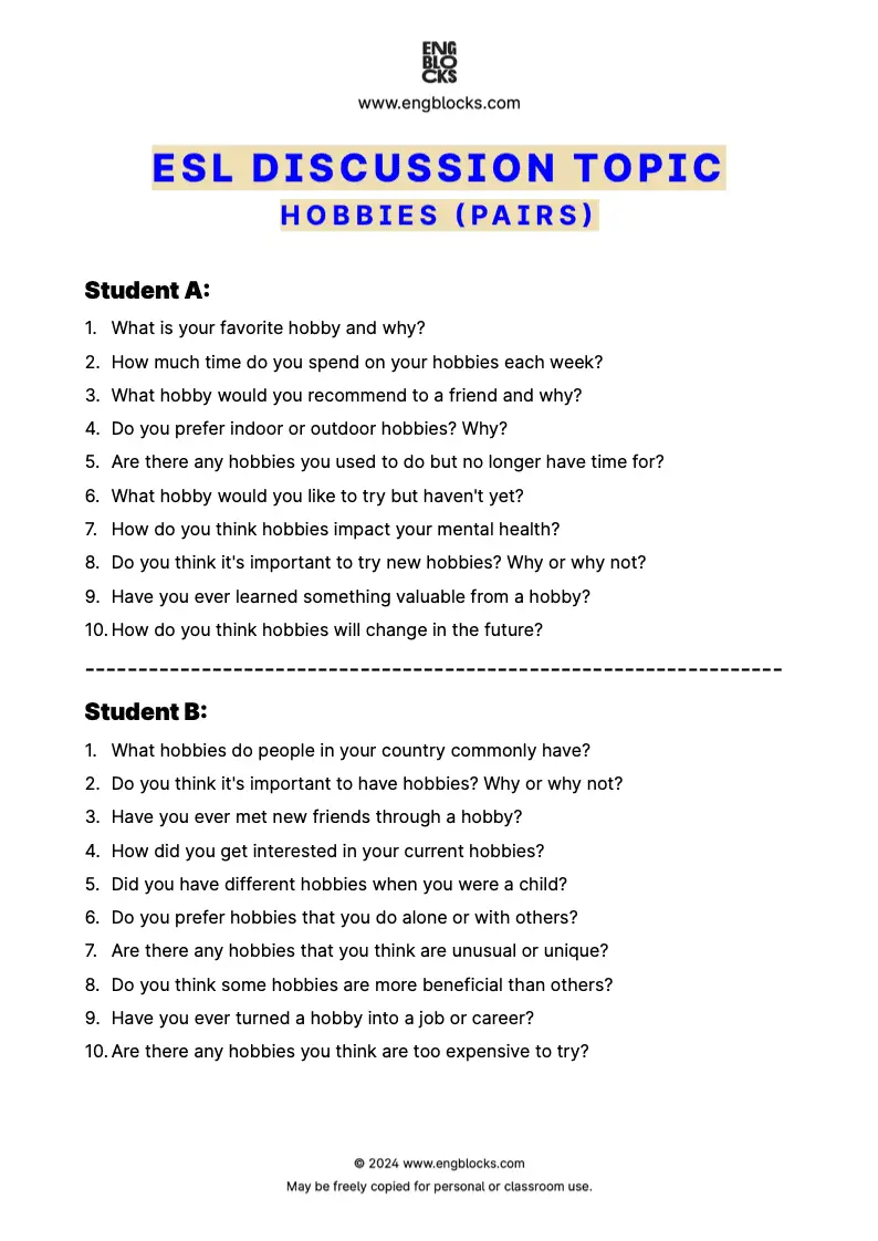 ESL Discussion Topic Worksheet about Hobbies for speaking practice in the ESL Classroom (pair work format)